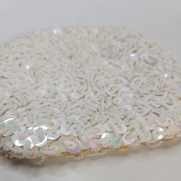 Vtg Handmade White Pearl Bead Sequin Clutch Evening Bag Gold Chain Clasp - Picture 16 of 16